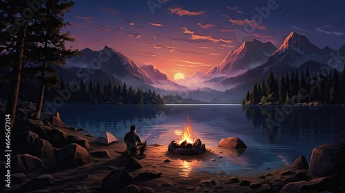  a painting of a man sitting at a campfire in the mountains. generative ai