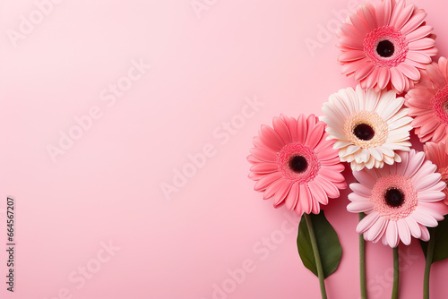 minimalistic pink background with gerberas, top view with empty copy space
