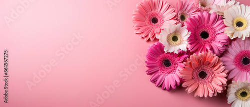 minimalistic pink background with gerberas, top view with empty copy space