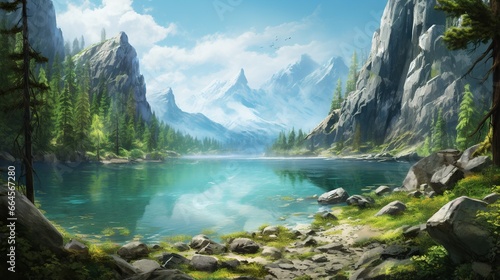  a painting of a mountain lake surrounded by rocks and trees. generative ai