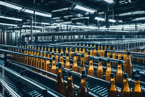 Beverage factory interior. Conveyor with bottles for juice or water