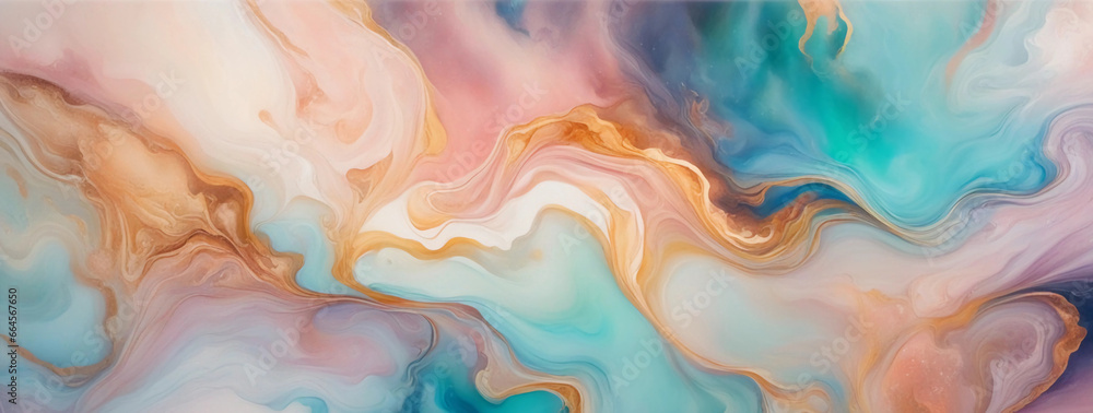 Natural luxury abstract fluid art painting in alcohol ink technique. Tender and dreamy wallpaper. Mixture of colors creating transparent waves and golden swirls. Generative AI. 