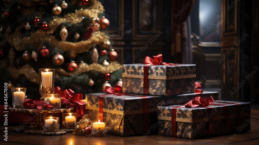 A Christmas tree, and accompanied by gift boxes in black gold gift wrapping, candles in a glass