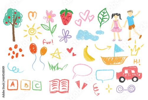 Tela Crayon fun cute kid colòul doodle set badge, scribble line flower, heart