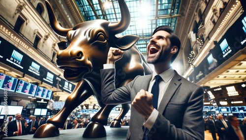 Close-up photo of a Caucasian jubilant trader, celebrating amidst the chaos of a bustling stock exchange. Behind him, a majestic bull statue stands