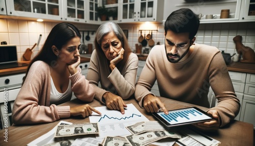 Photo of a Hispanic family at the kitchen table, engrossed in a tense financial discussion. Various bills are scattered, and a digital tablet photo