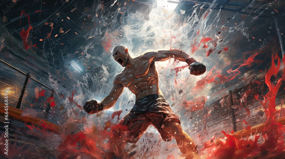 Fototapeta premium Sport, kickboxing winner, splash design fighter