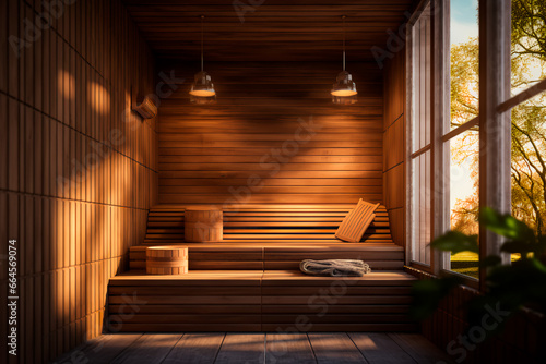 Classic Finnish sauna. Relaxation and spa treatments in a wooden sauna. Rest for soul and body. © Uliana