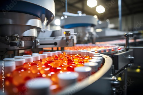 Automated Robotic vitamins, dietary supplements or medicine tablets Line. Pharmaceutical production plant indoors photo