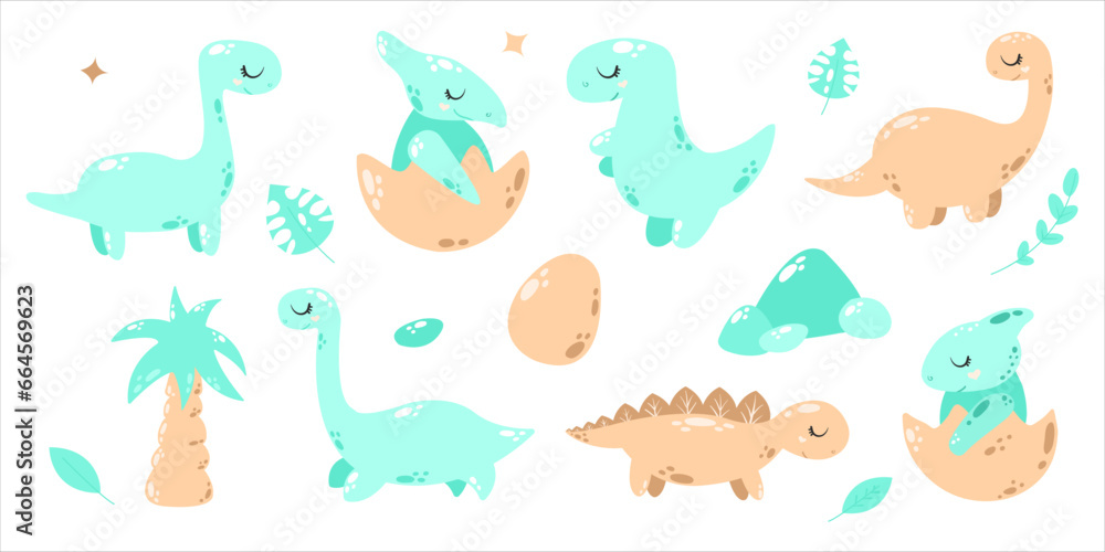 Set of cute dinosaurs. Hand drawn. Set of cute dinosaurs. Hand drawn.