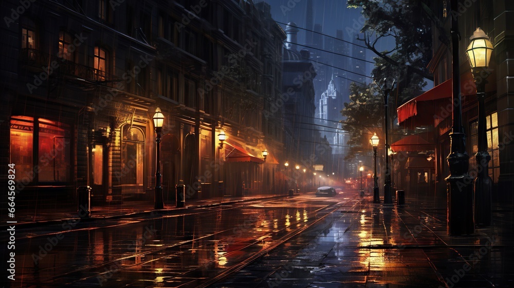  a city street at night in the rain with street lights.  generative ai