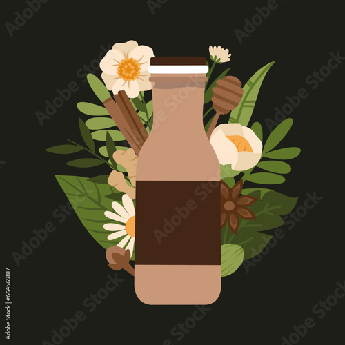 Illustration of bottle with chai tea ingredients