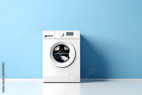 Modern white washing machine stands on wooden planks floor against blue empty wall with shadow in minimalist style