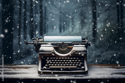 Classic typewriter on snowy desk in a snowfall. Christmas and New Year vintage concept. Design for greeting card, poster, banner with copy space for text