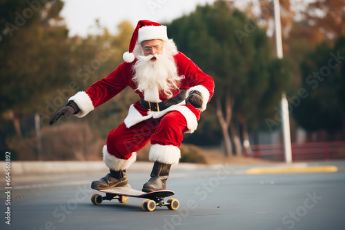 Modern Santa Claus races on a skateboard to celebrate Christmas