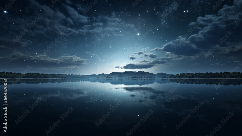 A crystal clear lake reflects the star-filled night sky above, the moonlight creating a beautiful ripple of light across its surface