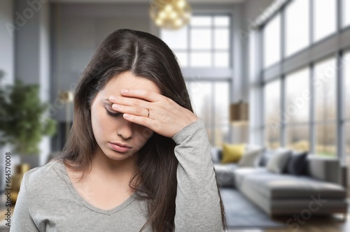 Young beautiful woman touching head feeling stress, AI generated image