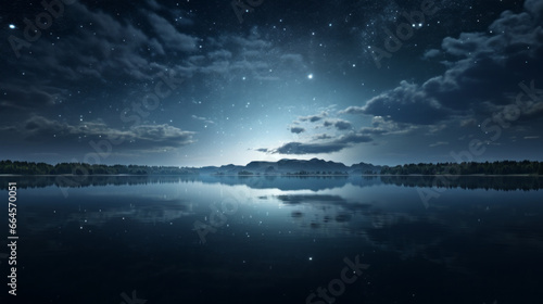 A crystal clear lake reflects the star-filled night sky above, the moonlight creating a beautiful ripple of light across its surface © Textures & Patterns