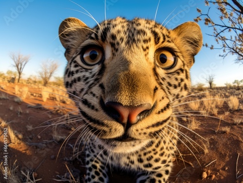 Close-up of a funny leopard looking at the camera. The animal in its natural environment. Natural background. Illustration for cover, postcard, interior design, banner, brochure, etc.