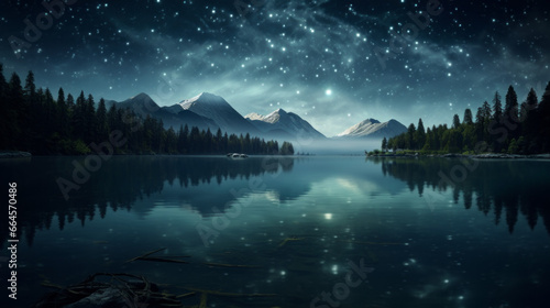 A crystal clear lake reflects the star-filled night sky above  the moonlight creating a beautiful ripple of light across its surface