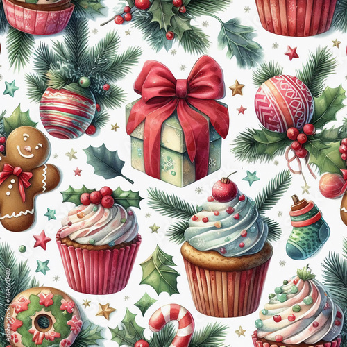 Watercolor Christmas pattern with cupcakes, cookie, fir, bow. New Year seamless pattern. Generative AI.