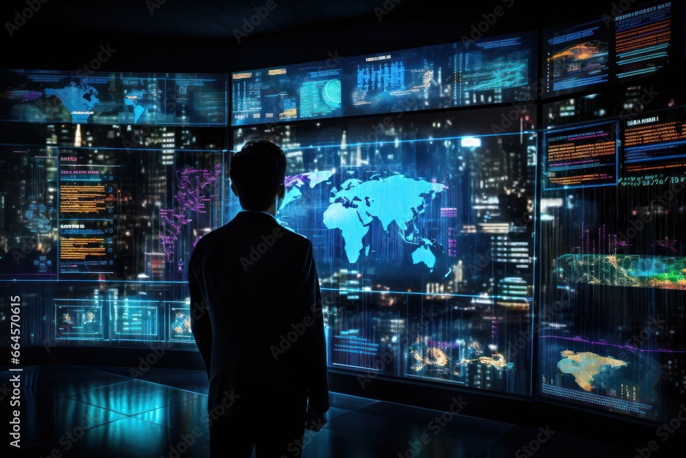 AI's analytic might displayed, analyst studies extensive screen brimming with data AI's analytic might displayed, analyst studies extensive screen brimming with data