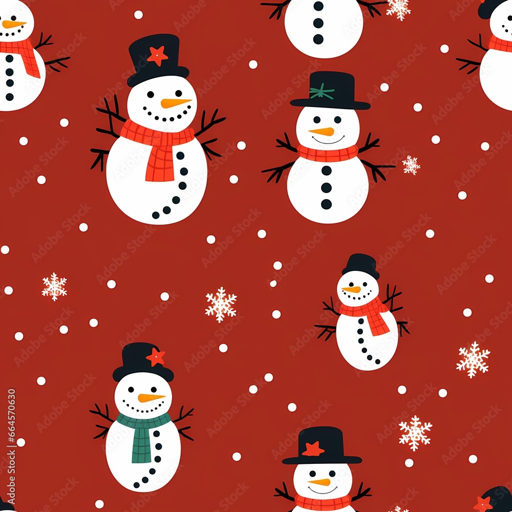 Patrón de mosaico para navidad con fondo rojo, estrellas blancas y muñecos de nieve Patrón de mosaico para navidad con fondo rojo, estrellas blancas y muñecos de nieve
