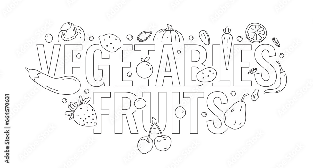 technical drawing fruits and vegetables. outline fruit and vegetable