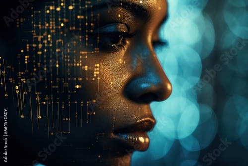 Woman's face, lit by AI ethics data onscreen, reflects deep contemplation
