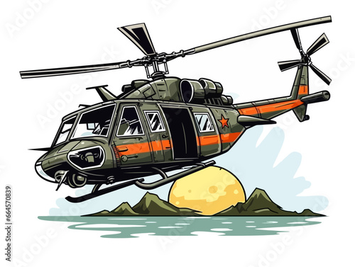 Doodle Vietnam War Helicopter, cartoon sticker, sketch, vector, Illustration, minimalistic