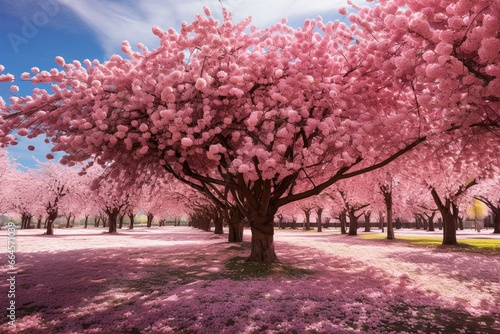 Vibrant panorama of a blossoming pink cherry tree in spring. Generative AI