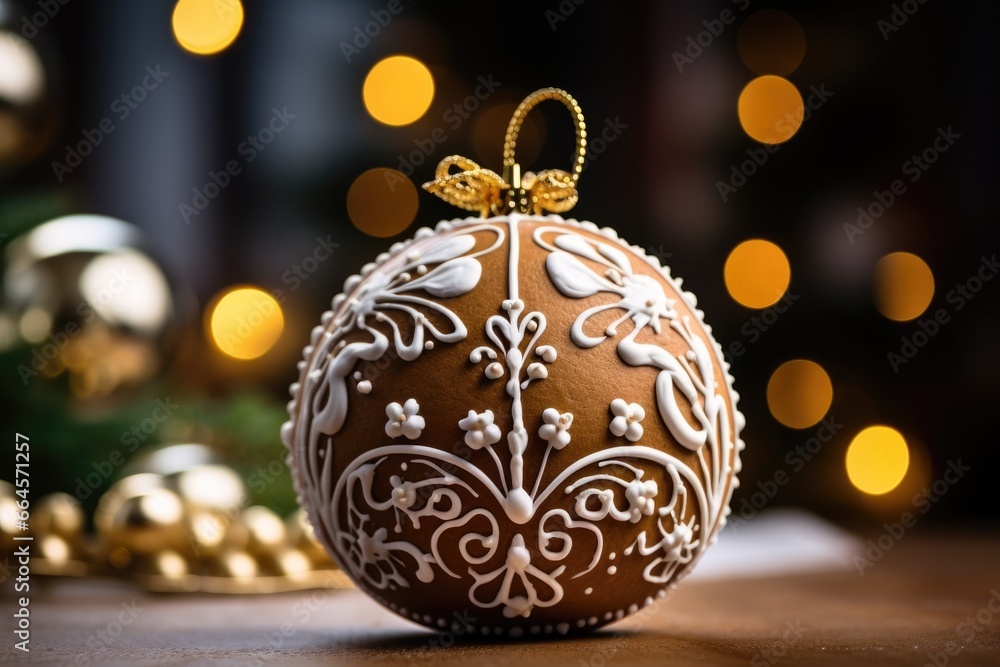 A beautifully decorated gingerbread Christmas ball is showcased against a backdrop of warm bokeh lights A beautifully decorated gingerbread Christmas ball is showcased against a backdrop of warm bokeh lights