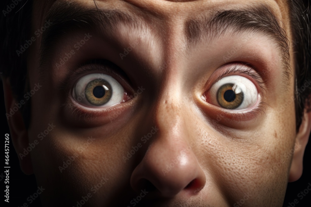 Close-up of a man's wide open eyes showing surprise or shock - obrazy, fototapety, plakaty 