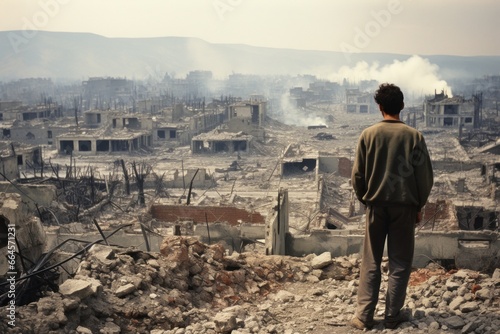 A lone refugee looks at war-torn ruins of his hometown