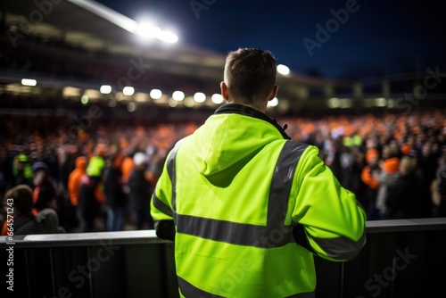 A security personnel wearing a high-visibility neon green jacket stands overseeing a full stadium during a soccer match photo
