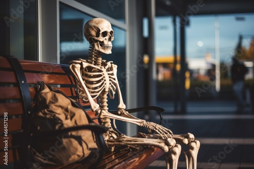 Skeleton sitting on a bench in a public transportation terminal with luggage - concept of waiting forever due to delays photo