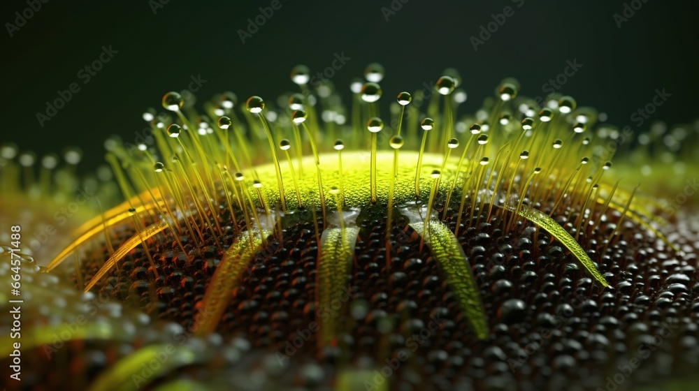 Close-up of a green dewlap-like flower with sticky droplets of liquid at the tips of the hairs. Nature background. Illustration for cover, card, postcard, interior design, decor or print.