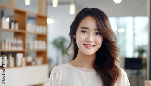 Portrait of young happy Asian woman looks at camera. Skin care beauty, skincare cosmetics, dental concept, in background cosmetic salon.