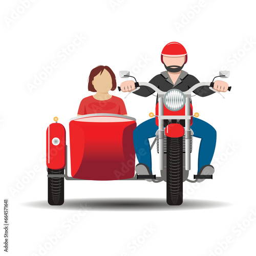 A man and a woman ride a motorcycle with a sidecar, front view. Freedom to travel. Vector.