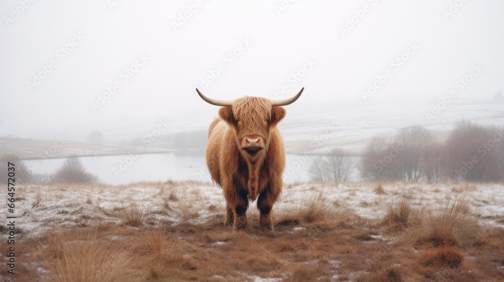 Highland cow in a winter wonderland