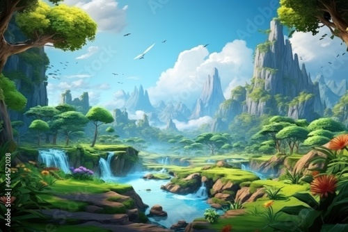 Fantasy summer landscape with mountains and blue sky, background for illustration and games 