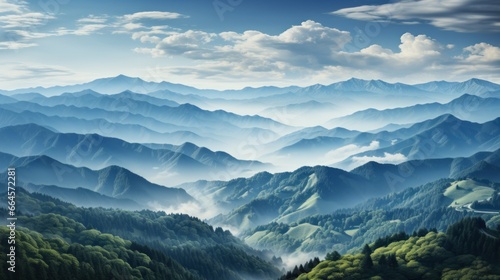 Blue foggy mountain landscape with clouds and sun