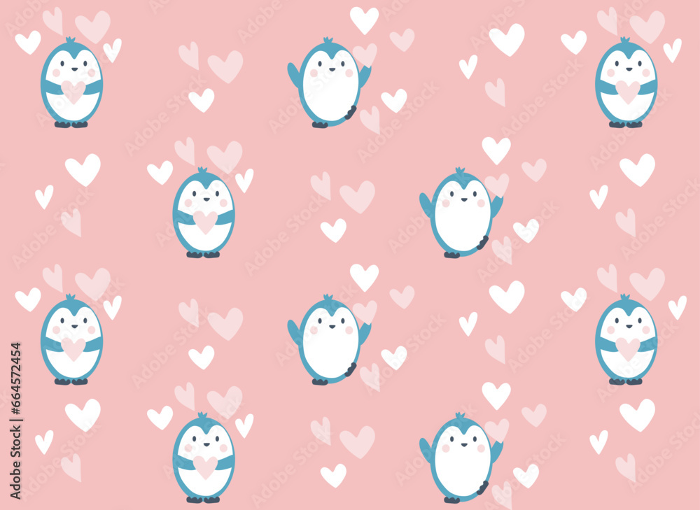 Happy Valentine's day card with abstract cartoon penguin and hearts