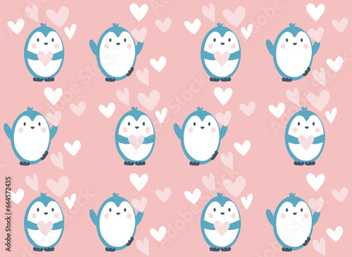 Happy Valentine's day card with abstract cartoon penguin and hearts