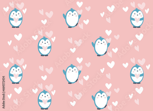 Happy Valentine's day card with abstract cartoon penguin and hearts
