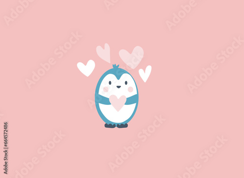 Happy Valentine's day card with abstract cartoon penguin and hearts