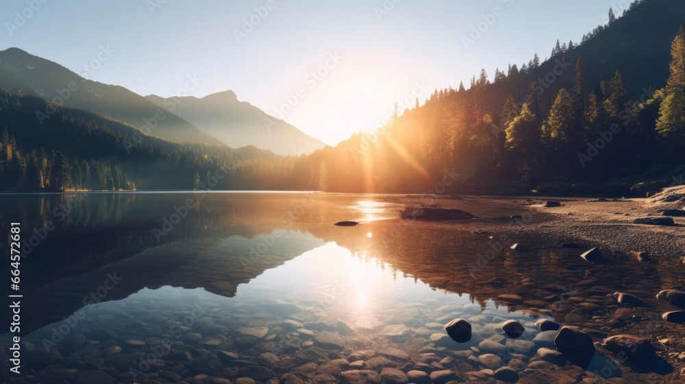 Serene Sunrise over Mountain Lake - obrazy, fototapety, plakaty 