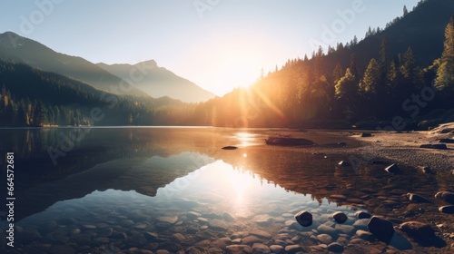 Serene Sunrise over Mountain Lake