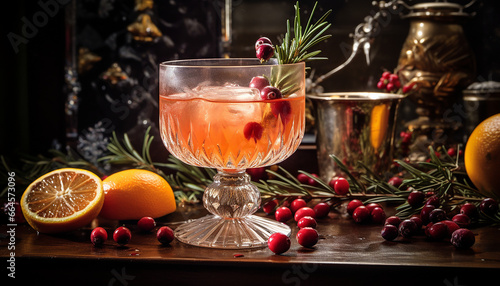 Winter cocktail. A drink for New Year's holidays. The atmosphere of Christmas and a cozy feast.