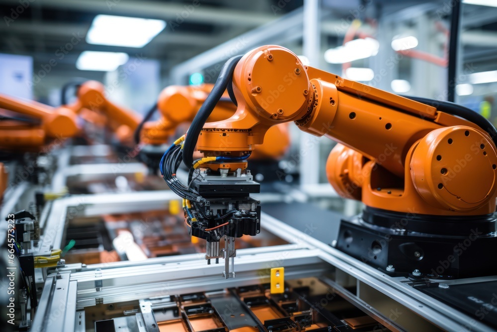 AI's precision guides a robotic arm, methodically assembling factory electronics with finesse